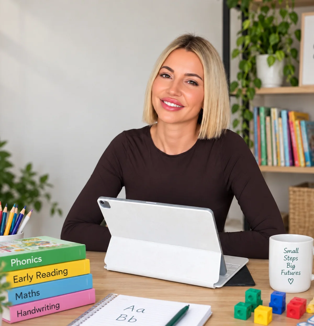 Sam smiling at her tutoring desk with a tablet, phonics and maths books, and counting cubes